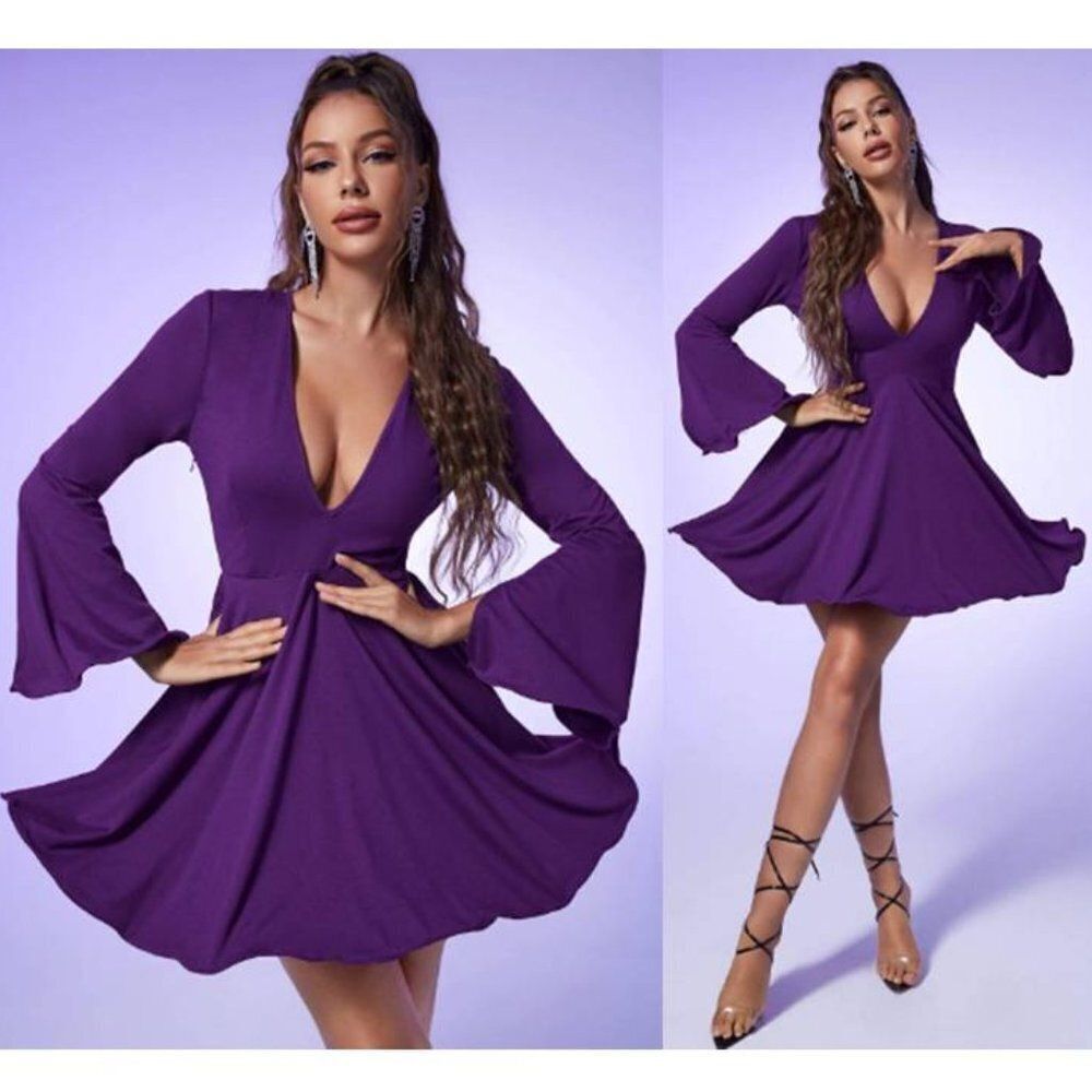 SHEIN Purple Deep V Neck Flounce Sleeve Costume‎ Dress